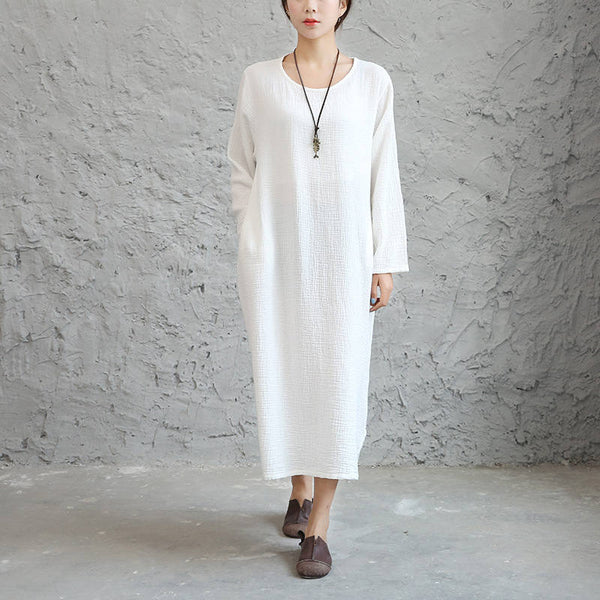 Women Linen and Cotton Double-layer Long-sleeved Loose Dress