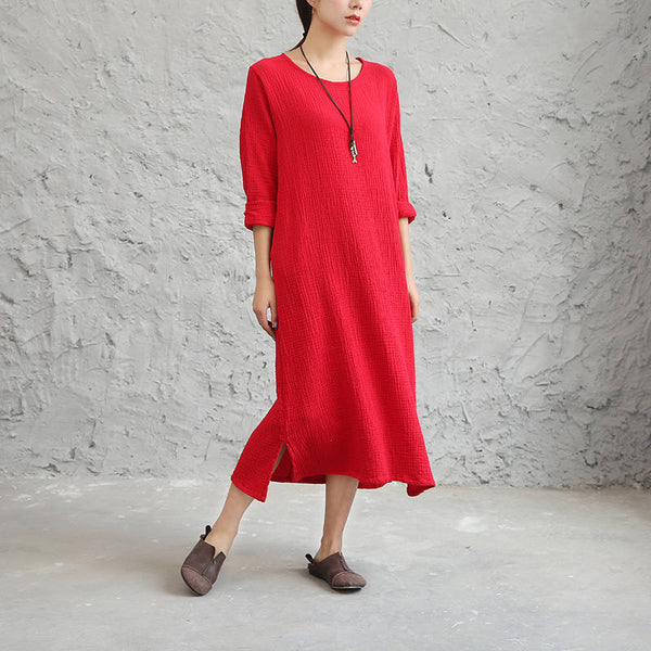 Women Linen and Cotton Double-layer Long-sleeved Loose Dress