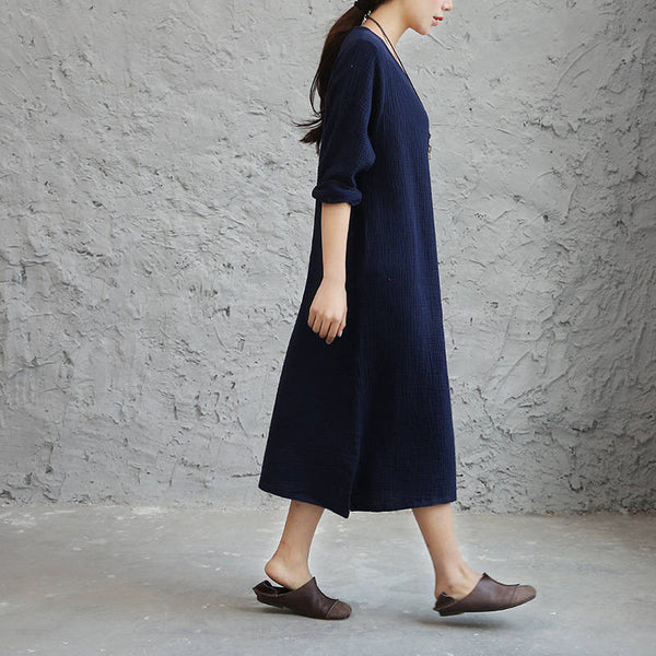 Women Linen and Cotton Double-layer Long-sleeved Loose Dress