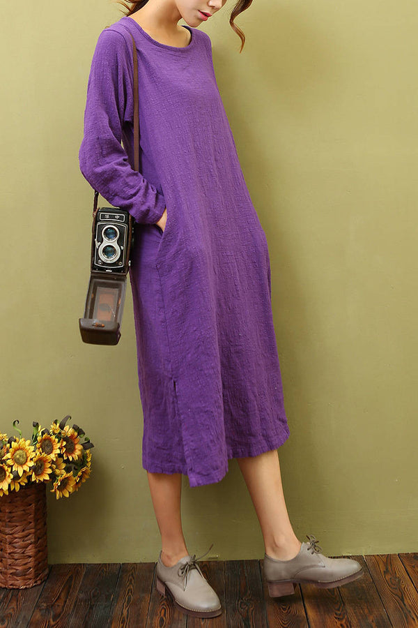 Women Cotton & Linen Loose Bracelet Sleeved Dress