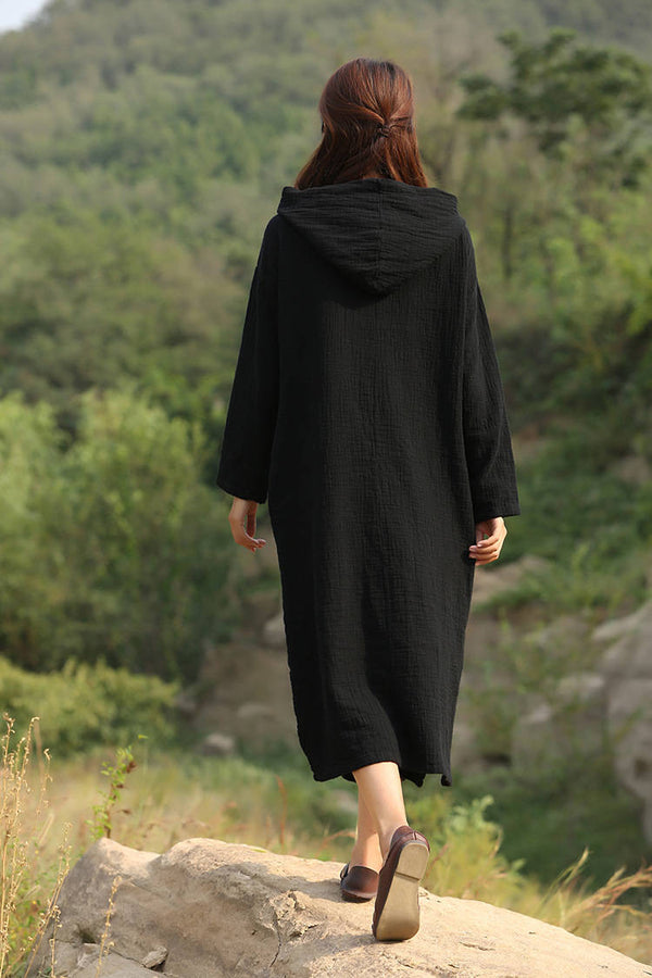 Women Simple Soft Cotton & Linen Hoodie Dress