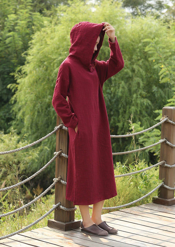 Women Simple Soft Cotton & Linen Hoodie Dress