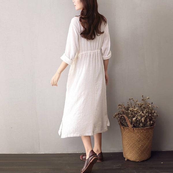 Women Cotton & Linen V-neck Long-sleeved Loose Dress