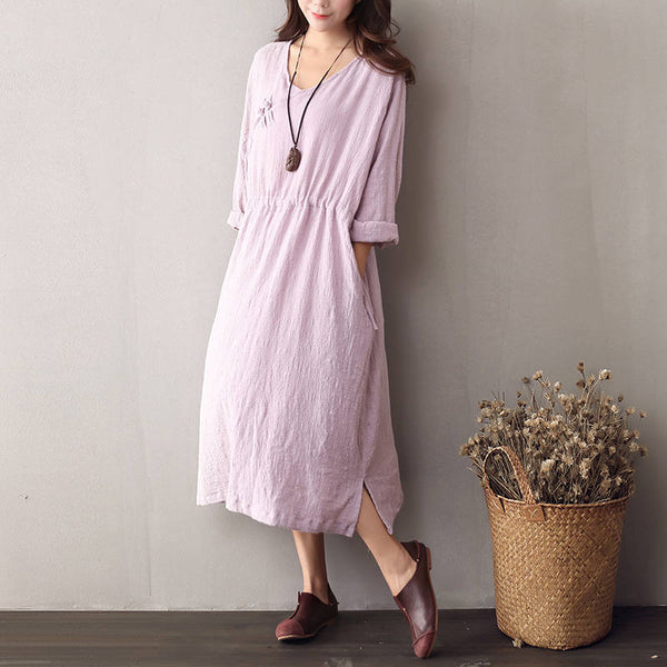 Women Cotton & Linen V-neck Long-sleeved Loose Dress