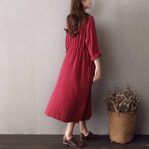 Women Cotton & Linen V-neck Long-sleeved Loose Dress