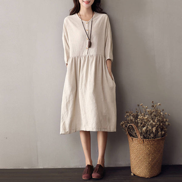 Women Cotton & Linen Round-neck Half Sleeved Loose Dress