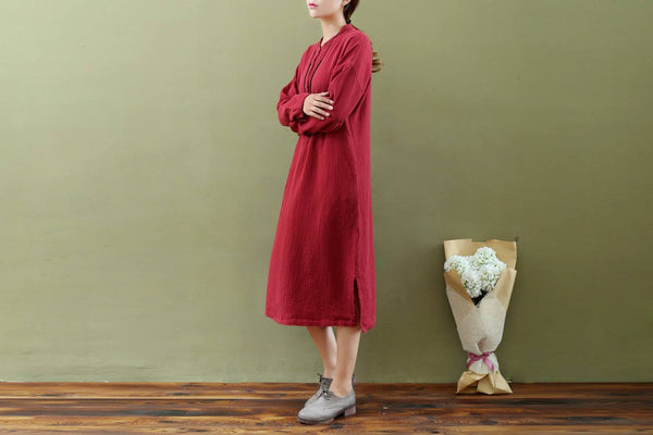 Women Retro Style Linen and Cotton Double-layer Button Long-sleeved Dress