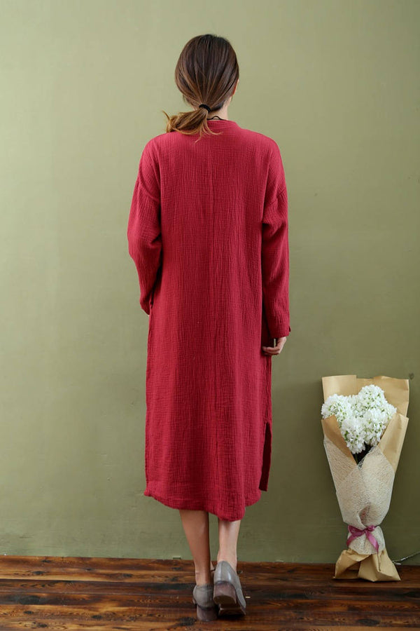 Women Retro Style Linen and Cotton Double-layer Button Long-sleeved Dress