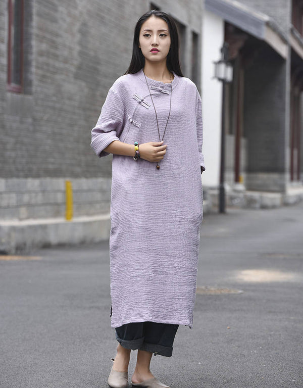 Women cotton and linen women’s new original double-layer wrinkle retro oblique lapel wild women’s dress