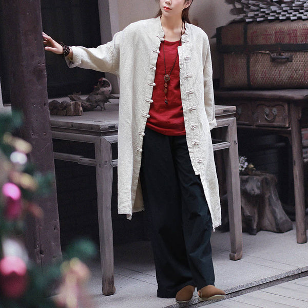 Women Retro Collar Buckle Pure Linen and Cotton Cardigan Shirt Style Long Coat