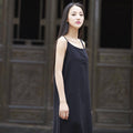 Women Cotton and Linen Retro Buckle Vest Style Skirt Dress