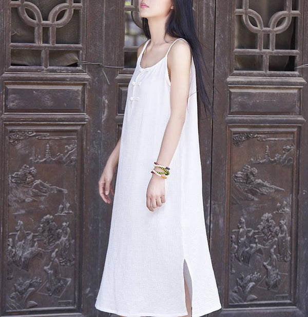 Women Cotton and Linen Retro Buckle Vest Style Skirt Dress