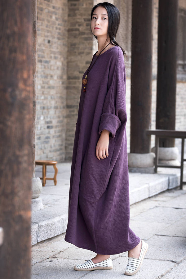 Women Asian Arts Retro Style Loose Cotton and Linen Dress
