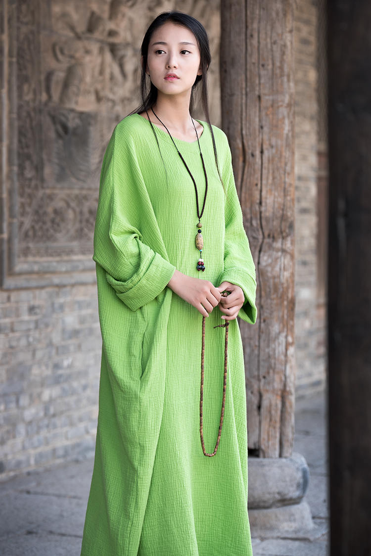 Women Asian Arts Retro Style Loose Cotton and Linen Dress Green Women Asian Arts Retro Style Loose Cotton and Linen Dress Green