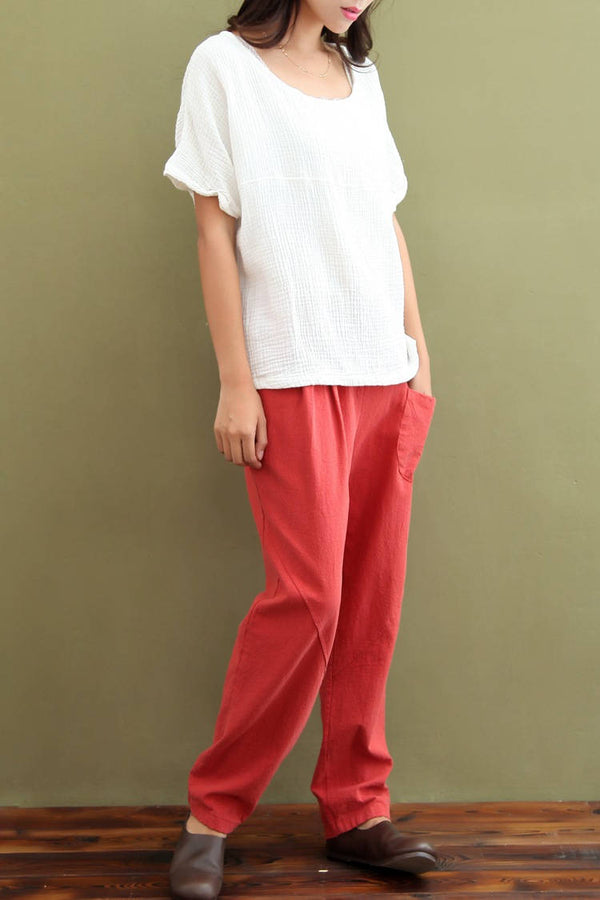 Women Loose Large Wrinkled Short Sleeve Cotton and Linen Blouses