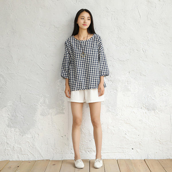 Women Cotton and Linen Round Neck Lose Small Square Patterned T-shirt