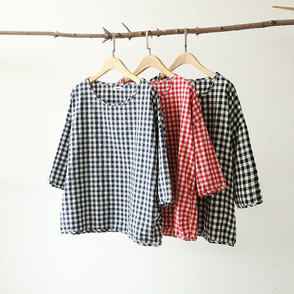 Women Cotton and Linen Round Neck Lose Small Square Patterned T-shirt