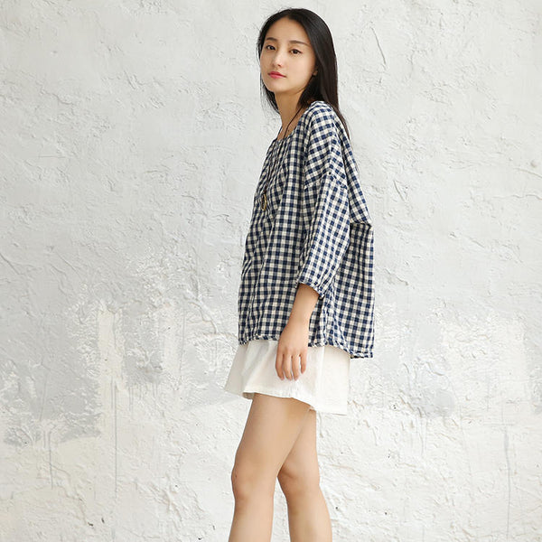Women Cotton and Linen Round Neck Lose Small Square Patterned T-shirt