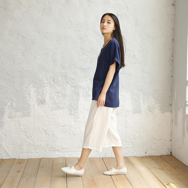 Women Cotton and Linen V-neck Short Sleeve Loose T-shirt