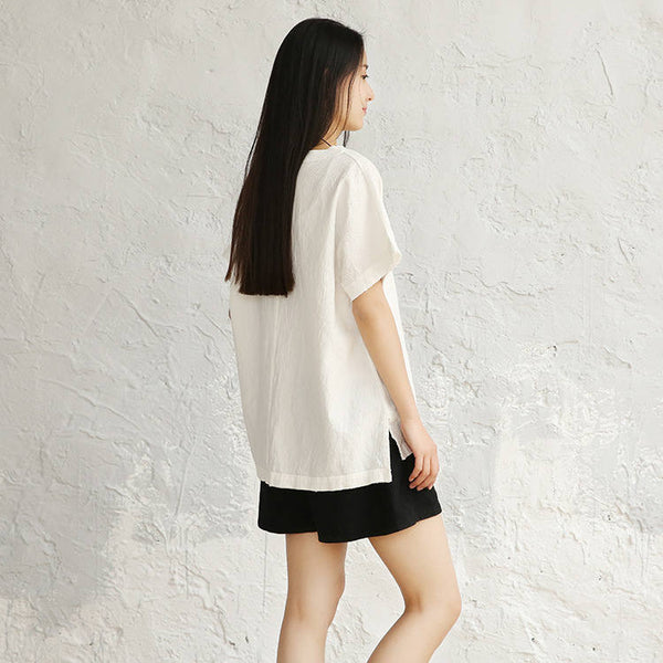 Women Cotton and Linen V-neck Short Sleeve Loose T-shirt