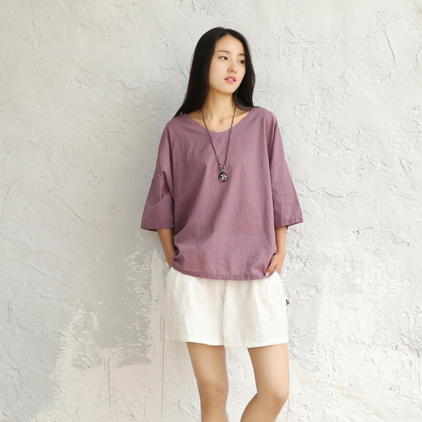 Women cotton and linen V-neck short sleeve loose t-shirt