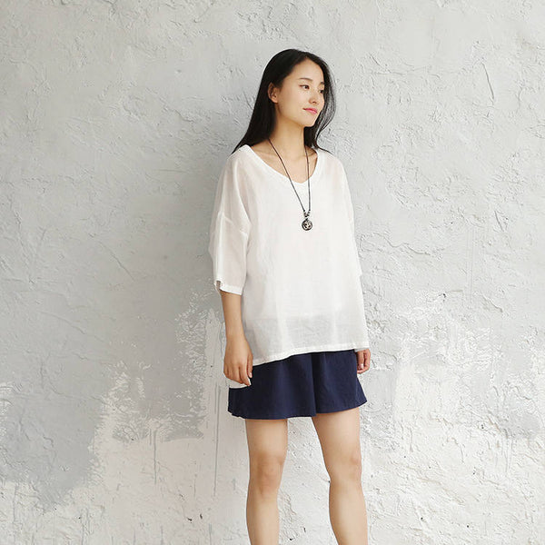 Women cotton and linen V-neck short sleeve loose t-shirt