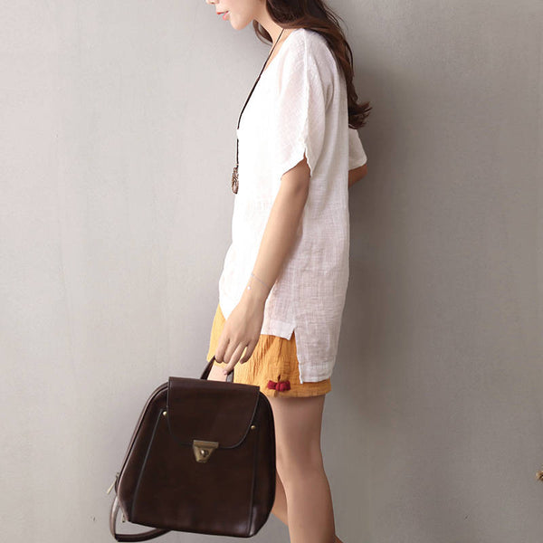 Women Cotton and Linen Short Sleeve Loose T-shirt