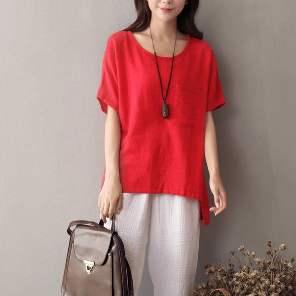 Women Cotton and Linen Short Sleeve Loose T-shirt