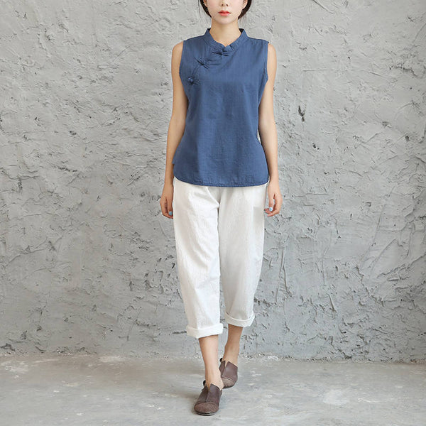 Women Cotton and Linen Asian Style Retro Art Buckle Vest