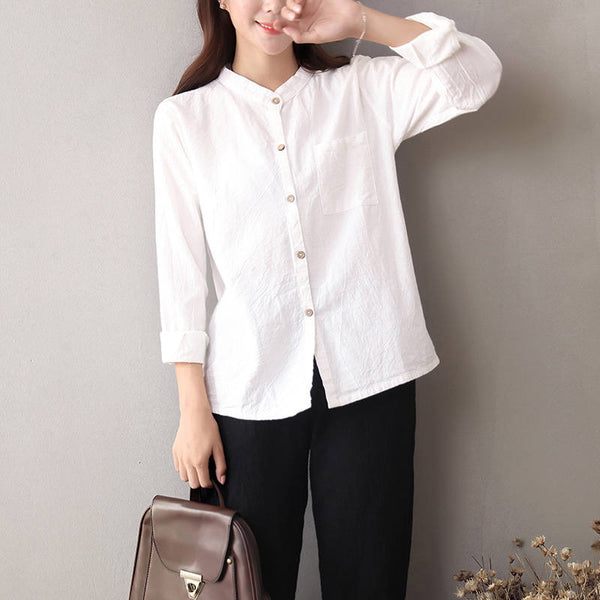Women Long Sleeves Cotton and Linen Cardigan Shirt