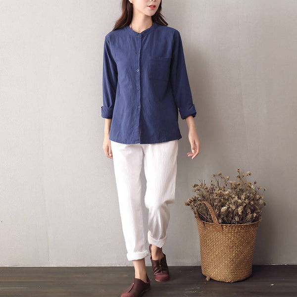 Women Long Sleeves Cotton and Linen Cardigan Shirt