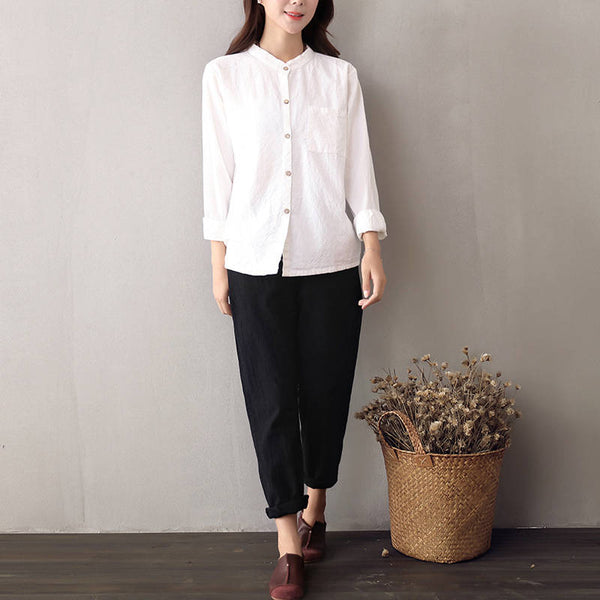 Women Long Sleeves Cotton and Linen Cardigan Shirt