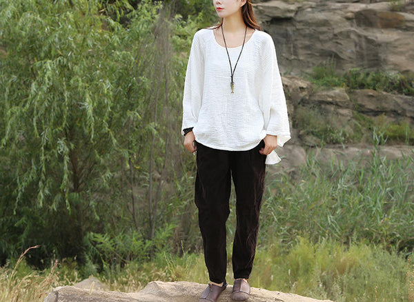 Women Loose Long-sleeved Cotton and Linen T-shirts