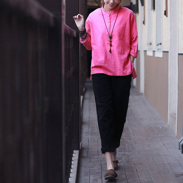 Women Retro Large Loose Linen & Cotton Wrinkled long-sleeved Shirt
