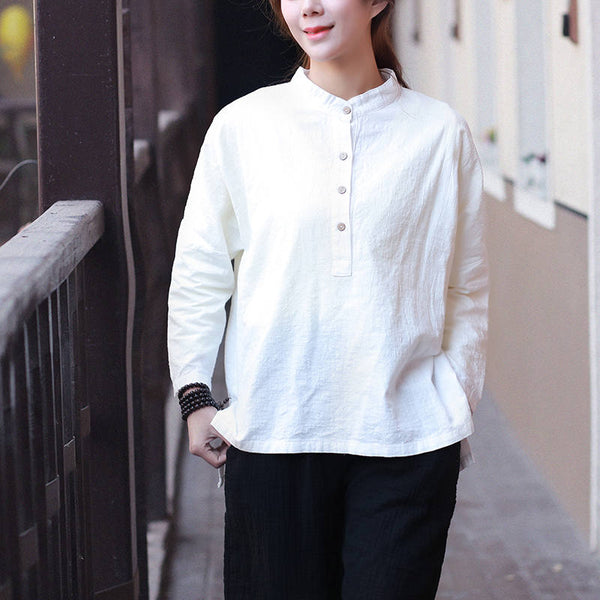 Women Retro Large Loose Linen & Cotton Wrinkled long-sleeved Shirt