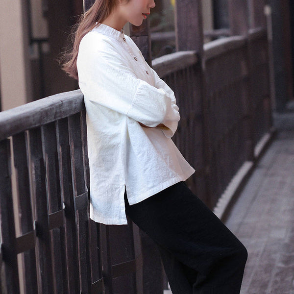 Women Retro Large Loose Linen & Cotton Wrinkled long-sleeved Shirt