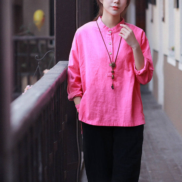 Women Retro Large Loose Linen & Cotton Wrinkled long-sleeved Shirt