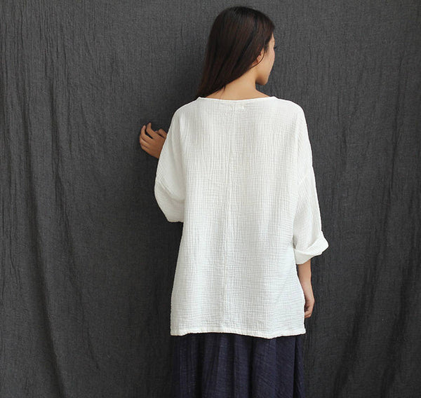 Woman Linen and Cotton T-Shirt – Art Loose Large Wrinkled Long Sleeve Cotton and Linen T-Shirts