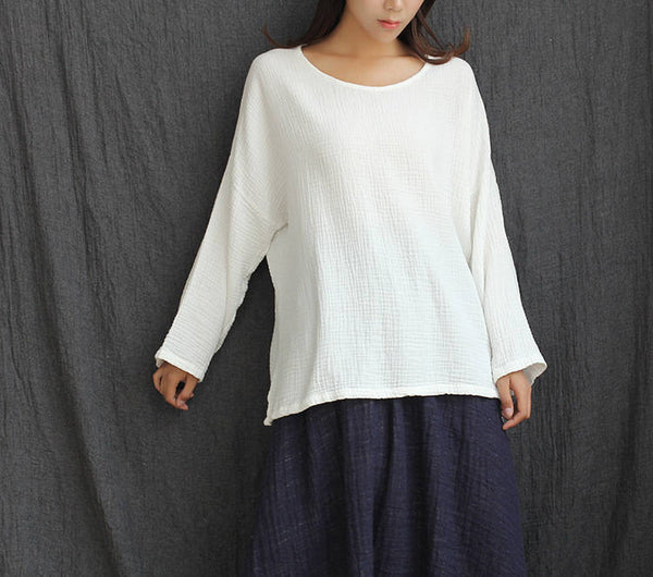 Woman Linen and Cotton T-Shirt – Art Loose Large Wrinkled Long Sleeve Cotton and Linen T-Shirts