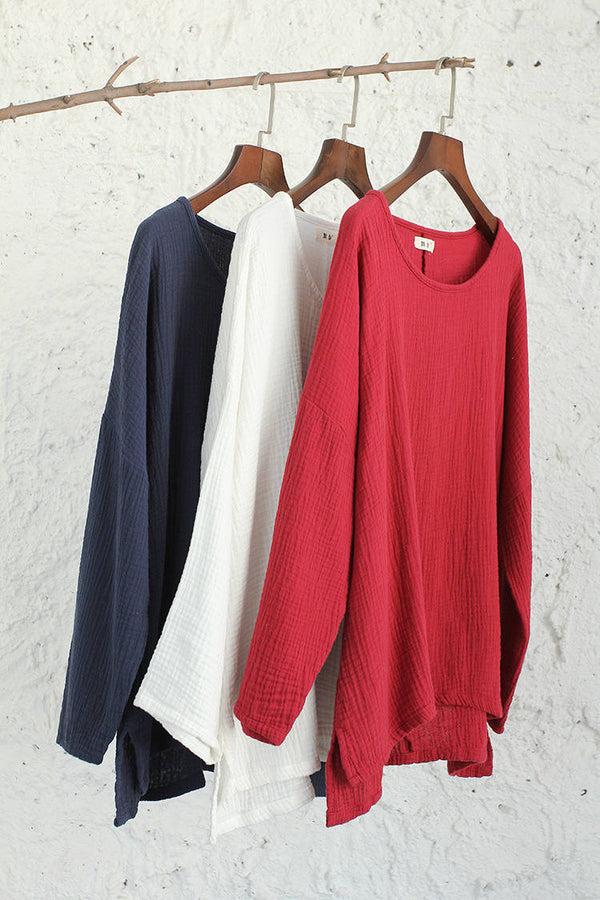 Woman Linen and Cotton T-Shirt – Art Loose Large Wrinkled Long Sleeve Cotton and Linen T-Shirts