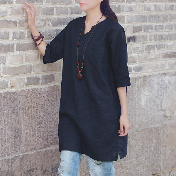 Women Linen and Cotton V-neck Loose Dress Style Long Section T-shirts