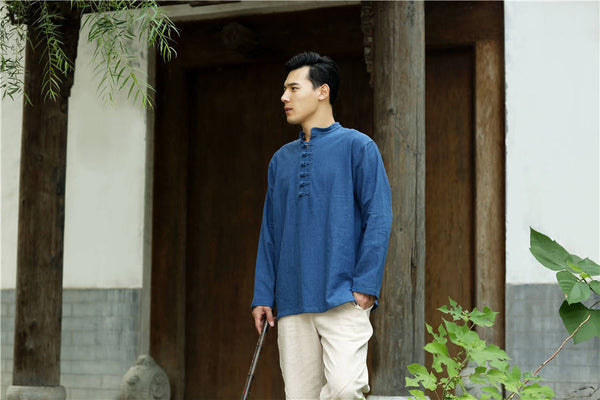 Men Round Neck Loose Long-sleeved Linen and Cotton Tops
