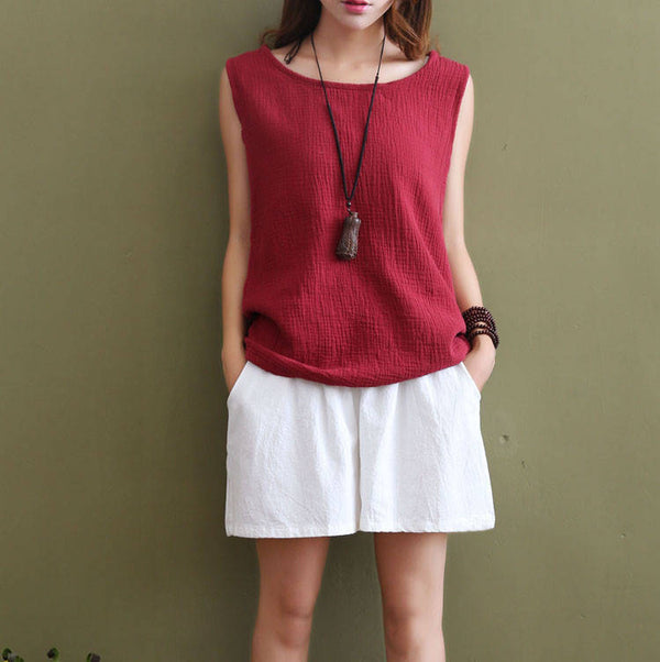 Women Loose Lace Wrinkled Cotton and Linen Vest