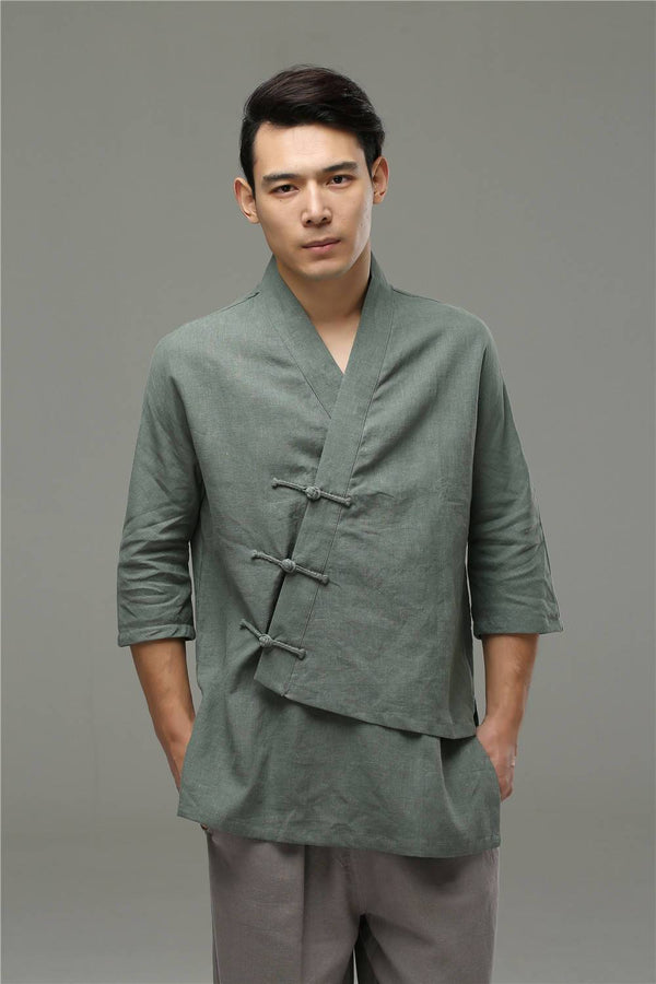 30% Sale!!! Men Casual Loose Three Buckle Asymmetrical Linen and Cotton T-shirt Tops