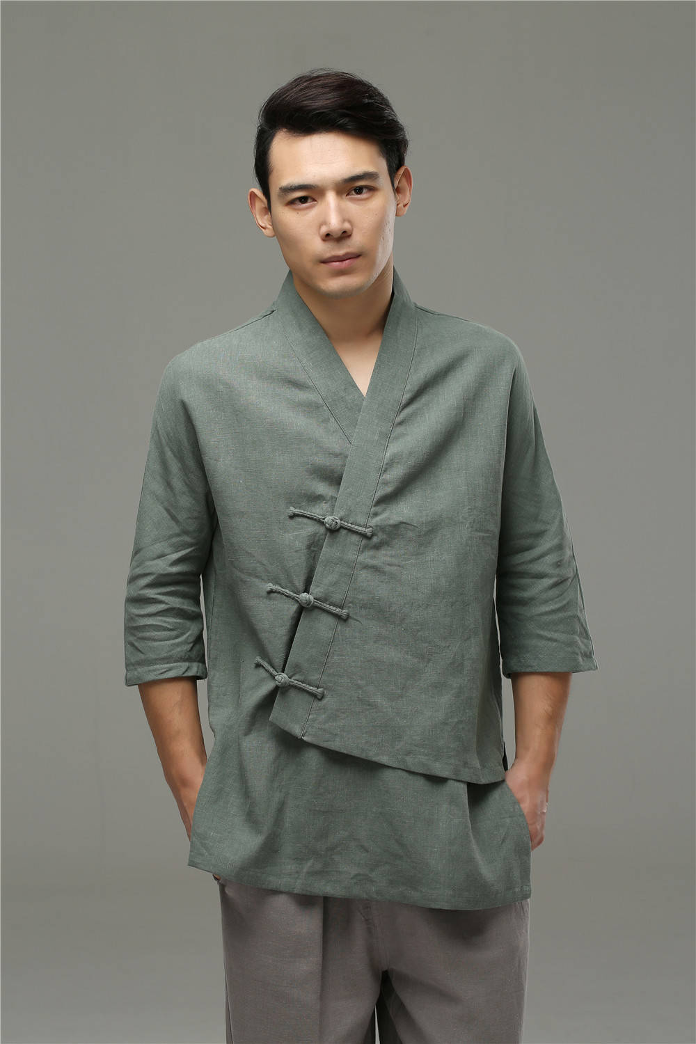 Men Casual Loose Three Buckle Asymmetrical Linen and Cotton T