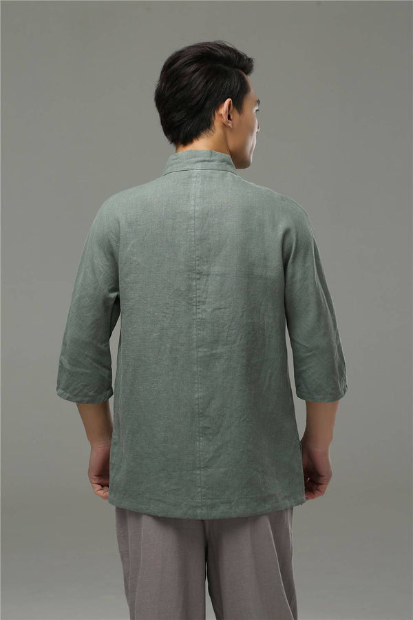 30% Sale!!! Men Casual Loose Three Buckle Asymmetrical Linen and Cotton T-shirt Tops