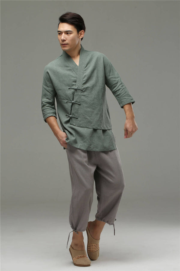 Men Casual Loose Three Buckle Asymmetrical Linen and Cotton T-shirt Tops