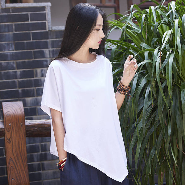 Women cotton and linen T-shirt – Irregular asymmetrical short sleeve thin loose t-shirt