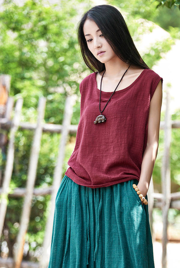 Women cotton and linen Sleeveless summer thin loose vest style t-shirt