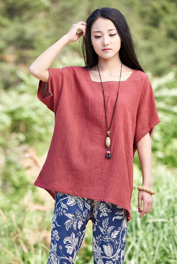 Original Simple Loose Women cotton and linen Half-sleeved Round Neck T-shirt